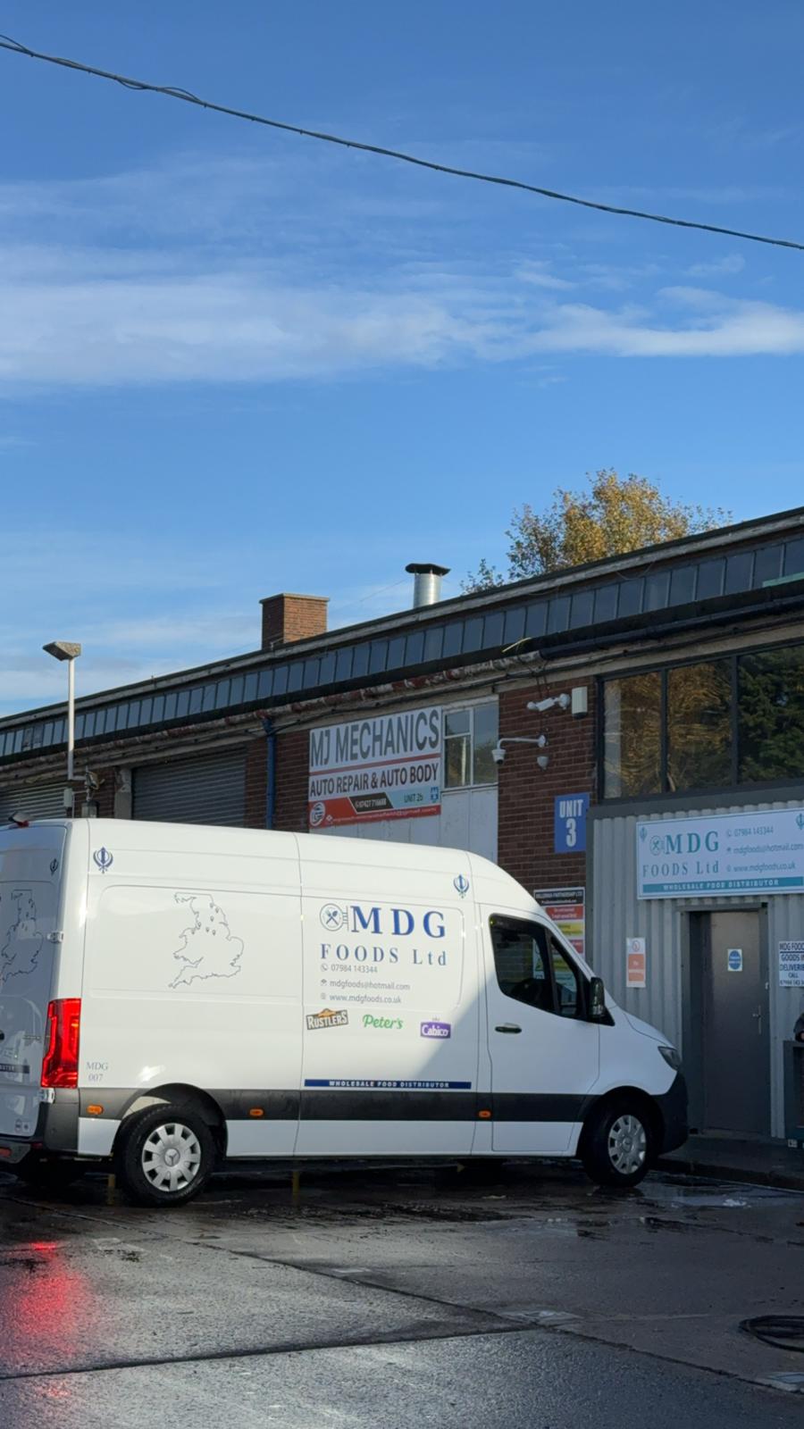 MDG Foods delivery van outside the Unit 3 depot in Wakefield
